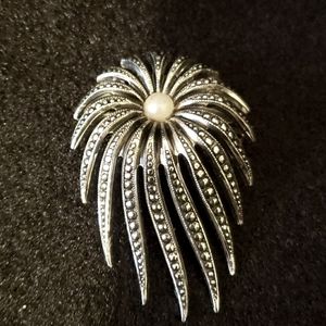 Vintage Sunburst Brooch w/ Faux Pearl W.Germany